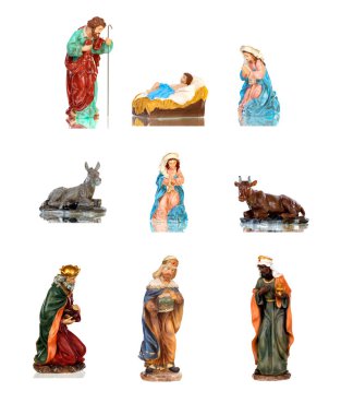 Meryem, Yusuf ve bebek İsa 'nın beyaz arka planda izole edildiği geleneksel Noel doğum sahnesi. 