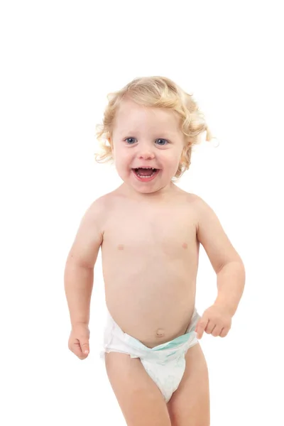 Bebê Loiro Bonito Com Cabelo Encaracolado Isolado Fundo Branco — Fotografia de Stock