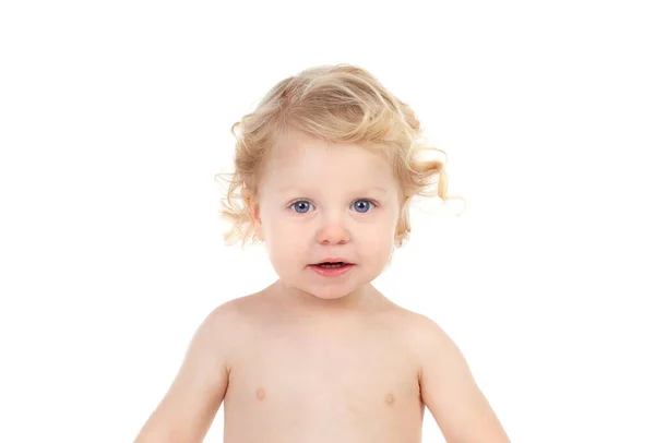 Bebê Loiro Bonito Com Cabelo Encaracolado Isolado Fundo Branco — Fotografia de Stock