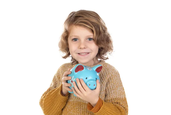 Bambino Carino Che Tiene Moneybox Blu Isolato Uno Sfondo Bianco — Foto Stock