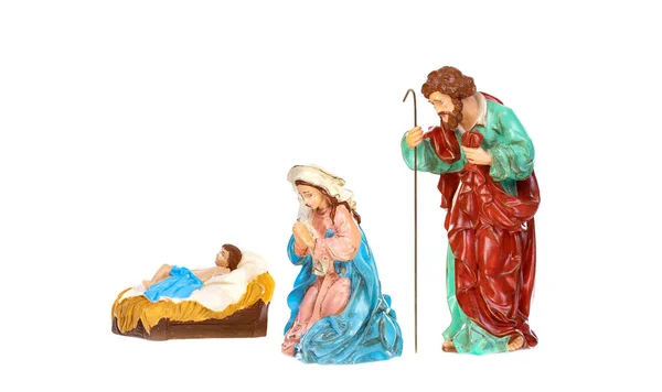 Traditionele Kerststal Met Maria Jozef Kindje Jezus Geïsoleerd Een Witte — Stockfoto