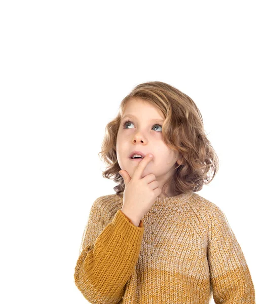 Pensive Schattig Kind Geïsoleerd Een Witte Achtergrond — Stockfoto