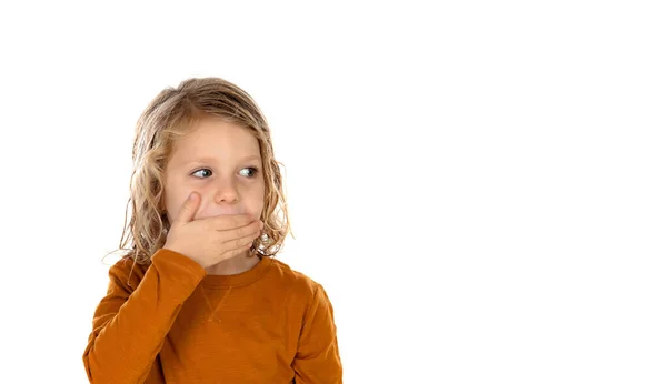 Verrast Kind Kijkt Naar Kant Geïsoleerd Een Witte Achtergrond — Stockfoto