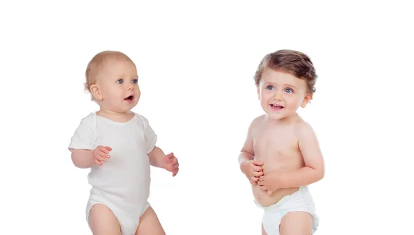 Two Happy Babies Isolated White Background — Stock Photo, Image