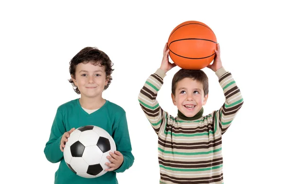 Klassenkameraden Mit Fußball Und Basketbällen Isoliert Auf Weißem Hintergrund — Stockfoto