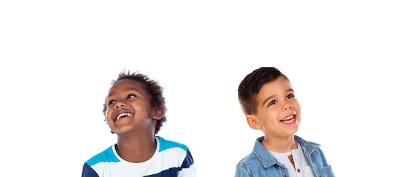 Duas Crianças Pensativas Felizes Isoladas Fundo Branco — Fotografia de Stock