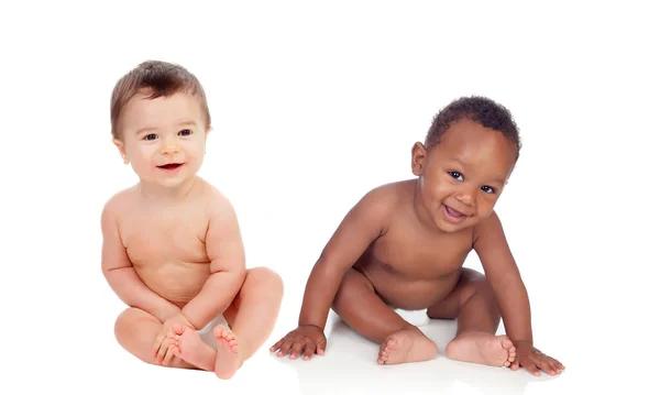 Twee Grappige Baby Lachen Geïsoleerd Een Witte Achtergrond — Stockfoto