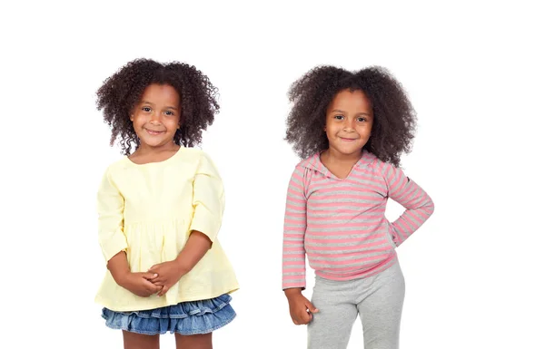 Gêmeos Bonitos Felizes Com Cabelo Afro Encaracolado Isolado Fundo Branco — Fotografia de Stock