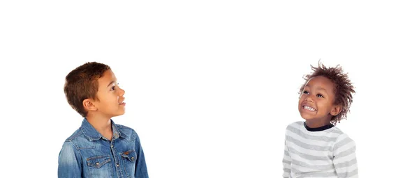 Two Pensive Happy Children Isolated White Background — Stock Photo, Image