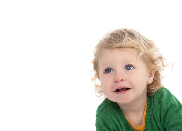 Mooi Blond Kind Met Groen Shirt Geïsoleerd Een Witte Achtergrond — Stockfoto