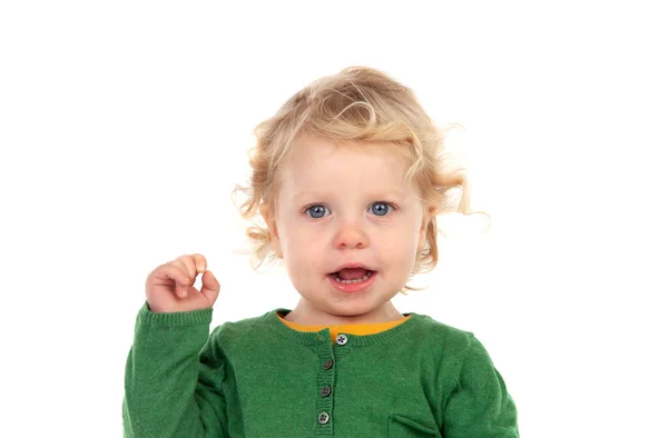 Bellissimo Bambino Biondo Con Shirt Verde Isolato Uno Sfondo Bianco — Foto Stock