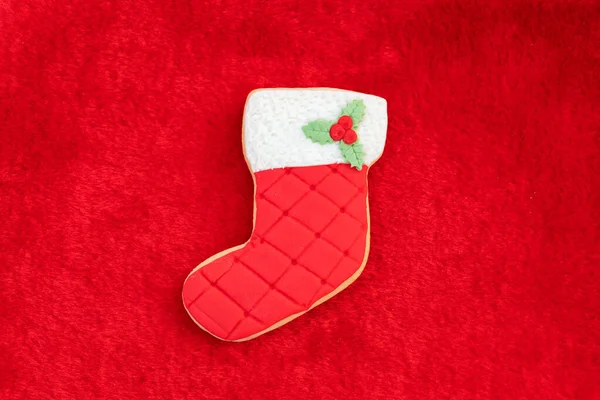 Boże Narodzenie Ciasteczka Czerwonym Tle Futra — Zdjęcie stockowe