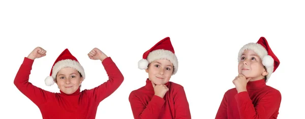 Irmãos Trigémeos Com Chapéu Natal Com Expressões Diferentes — Fotografia de Stock