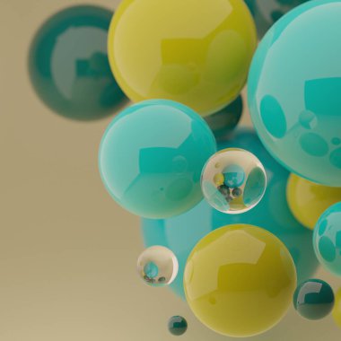 Renkli küreleri olan parlak soyut bir arkaplan. Sunumunuz için 3d hazırlama şablonu, meşgul kartları, tatil kartları, afişler, afişler, vs..