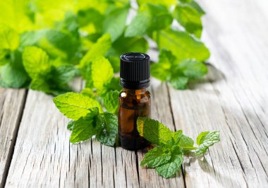 Eski bir ahşap zemin üzerine kurulmuş gerekli bir yağ şişesi. Etrafta nane yaprakları.