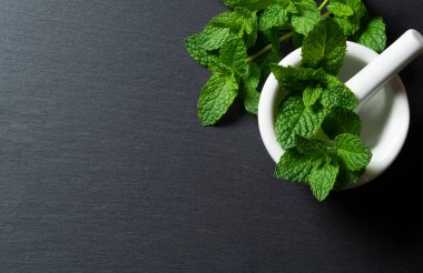 Fotokopi alanı olan siyah bir zemine havan topu yerleştirilmiş nane yaprakları