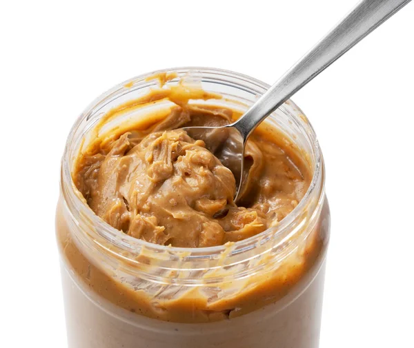 Spoon Out Bottle Peanut Butter Placed White Background — Stock Photo, Image