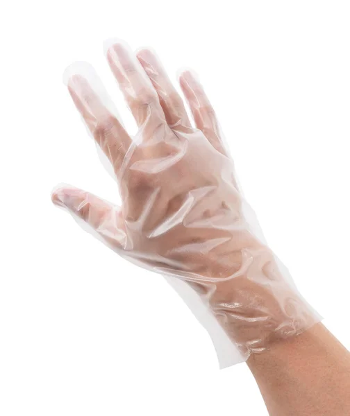 Mãos Homem Com Luvas Polietileno Num Fundo Branco Imagem Higiene — Fotografia de Stock