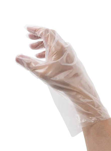 Mãos Homem Com Luvas Polietileno Num Fundo Branco Imagem Higiene — Fotografia de Stock