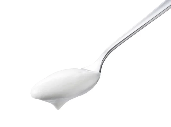 Spoon Och Yoghurt Vit Bakgrund — Stockfoto