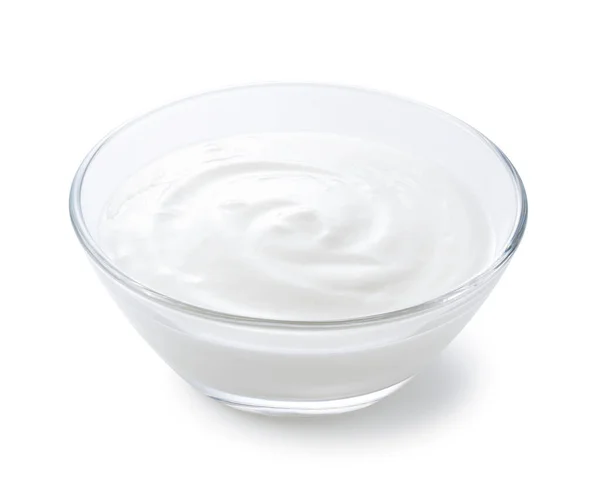 Yogurt Una Ciotola Vetro Sullo Sfondo Bianco — Foto Stock