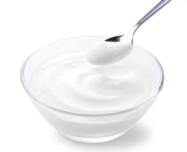 Yogur Tazón Vidrio Una Cucharada Yogur — Foto de Stock