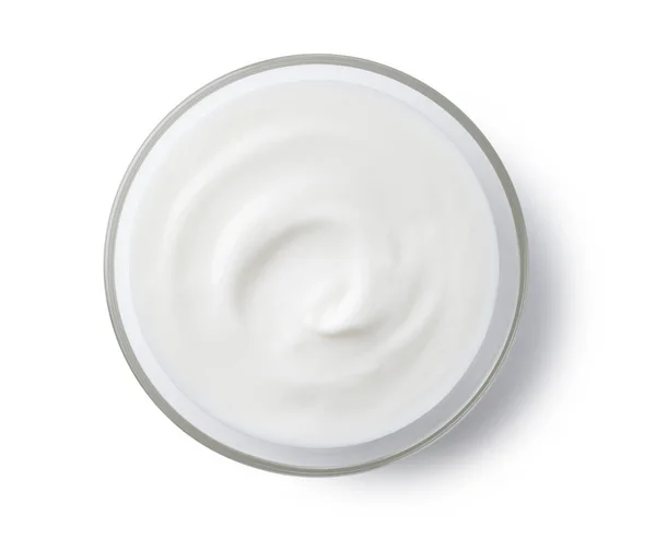 Yogurt Una Ciotola Vetro Sullo Sfondo Bianco — Foto Stock