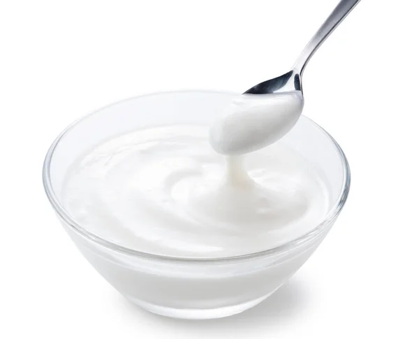 Joghurt Egy Üvegtálban Egy Kanál Joghurt — Stock Fotó