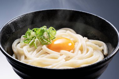 Japon Malzemeleri. Yumurtalı udon eriştesi ve doğranmış yeşil soğan.