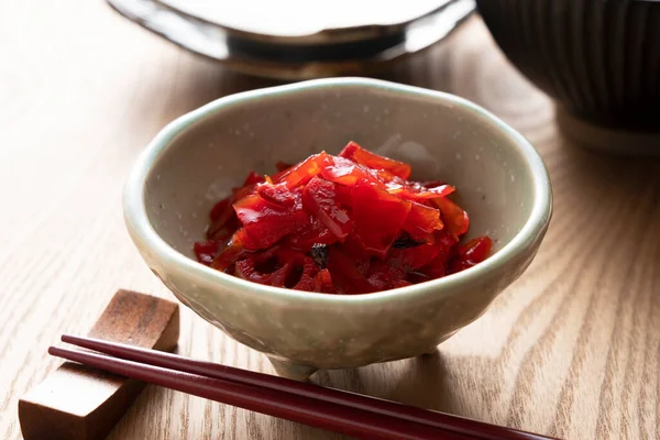 Japanese Pickles Red Fukujinzuke Sliced Vegetables Pickled Soy Sauce — Stock Photo, Image