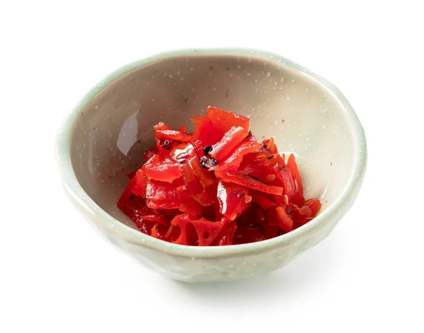 Japanska Pickles Röda Fukujinzuke Skivade Grönsaker Inlagda Sojasås — Stockfoto