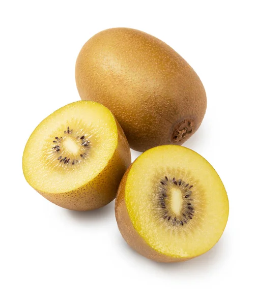 Beyaz arka planda kesilmiş altın bir kivi.