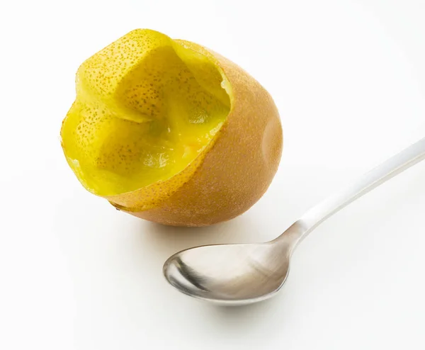 Eating Golden Kiwi Spoon — Stock Photo, Image