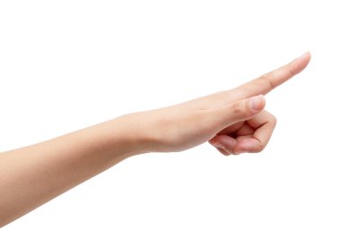 Bir kadının eli beyaz bir arkaplanı işaret eder.