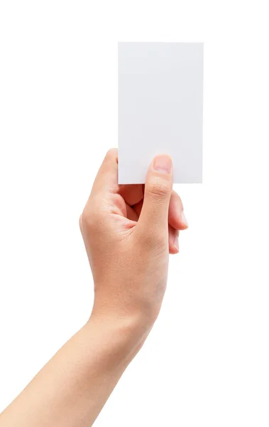 Egy Keze Aki Egyszerű Névjegykártyát Tart Fehér Alapon — Stock Fotó