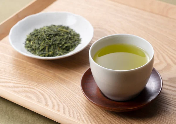 Green Tea Tea Leaves Placed Wooden Tray Japanese Green Tea — Stock Photo, Image