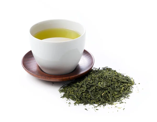 Πράσινο Τσάι Και Φύλλα Τσαγιού Λευκό Φόντο Εικόνα Του Ιαπωνικού — Φωτογραφία Αρχείου