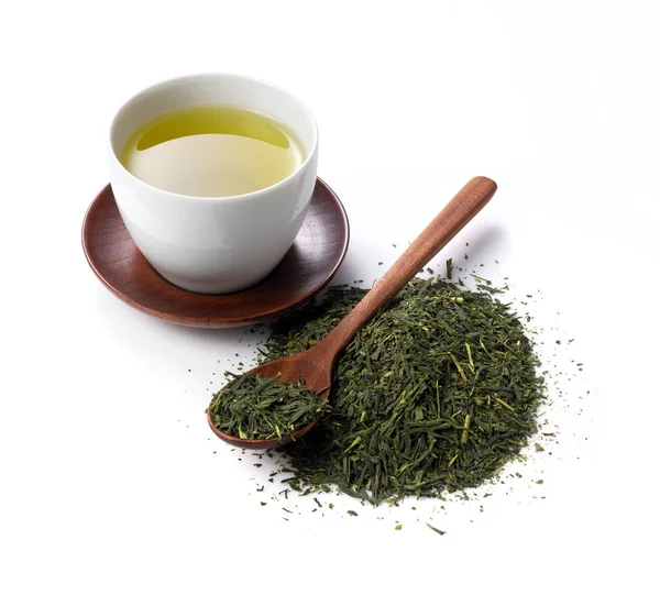 Zelený Čaj Čajové Lístky Bílém Pozadí Obrázek Japonského Zeleného Čaje — Stock fotografie