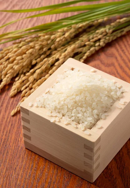 Rice Ears Rice Japanese Masu Box Set Wooden Background — Stock Photo, Image