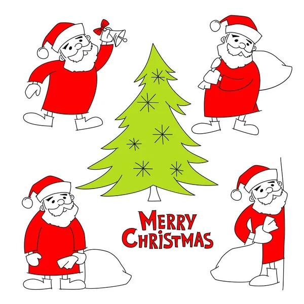 サンタ クロース、クリスマス ツリーとメリー クリスマスの言葉を設定 — ストックベクタ