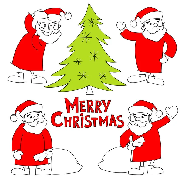 Santa Claus, vánoční strom a slova Veselé Vánoce, nastavte — Stockový vektor