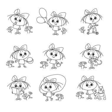 Bir dizi el çizimi kız karakteri.