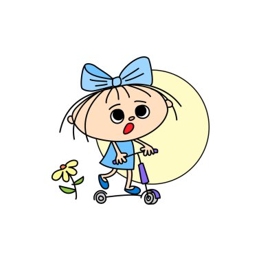 Scooter 'ı ve çiçekleri olan neşeli kız, el çizimi çizgi film.