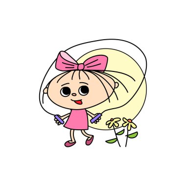 Fiyonklu kız, çiçekler ve ip atlama, el çizimi karikatür