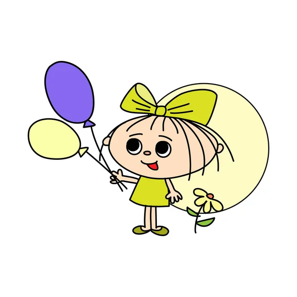 Fille gaie avec des ballons et des fleurs, dessin animé à la main — Image vectorielle