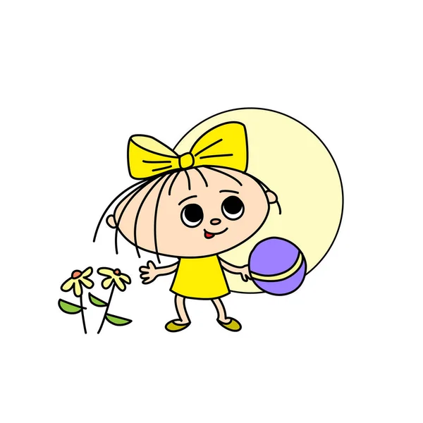 Veselá dívka s míčem a květinami, ručně kreslené kreslené karikatury — Stockový vektor