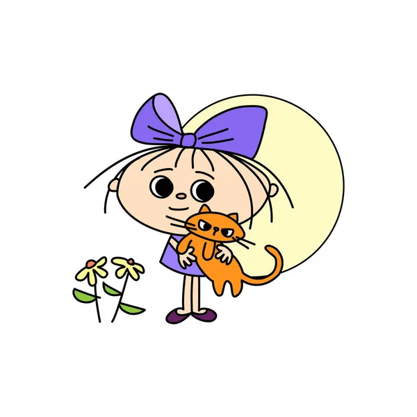 Chica Alegre Con Gato Flores Fondo Del Sol Dibujos Animados — Vector de stock