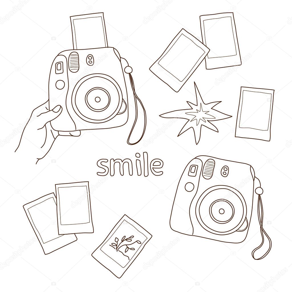 instant camera in hand, pictures, flashes, hipster photographer elements set, hand drawn