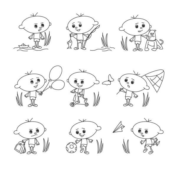Divertido Chicos Jugando Doodles Caracteres Conjunto Mano Dibujado — Archivo Imágenes Vectoriales