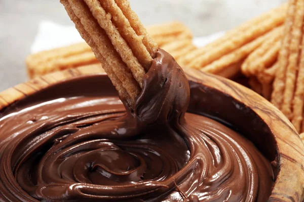 Churros Tradicionales Postre Español Con Azúcar Chocolate — Foto de Stock